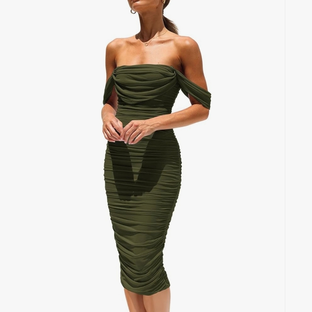 The Shoulder Ruched Bodycon Dresses Sleeveless Fitted Party Club Midi Dress